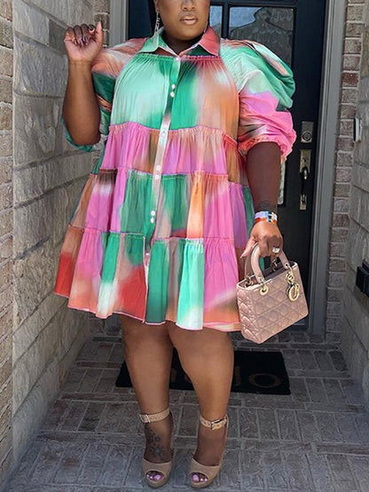 Tie Dye Ruffled Shirt Dress