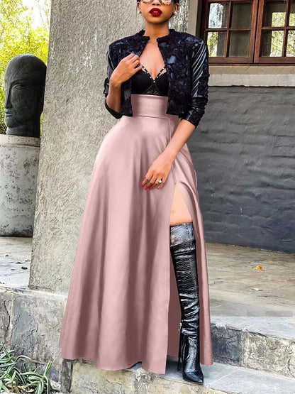 Vintage Leather Side Split Maxi Skirt