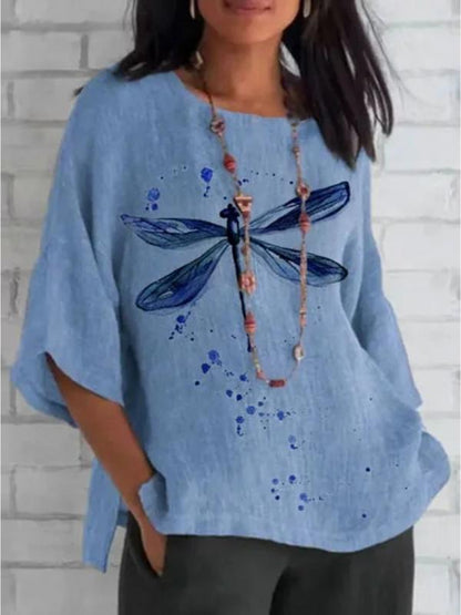 Women's Dragonfly Printed Mid-Length Sleeve Tunic Top