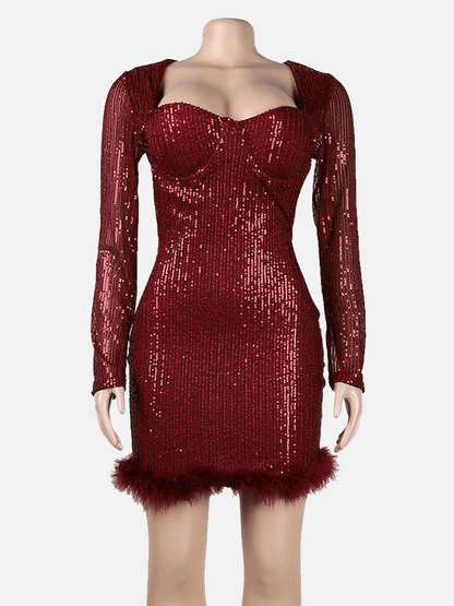 Women's Sequin Feather Patchwork Mini Dress