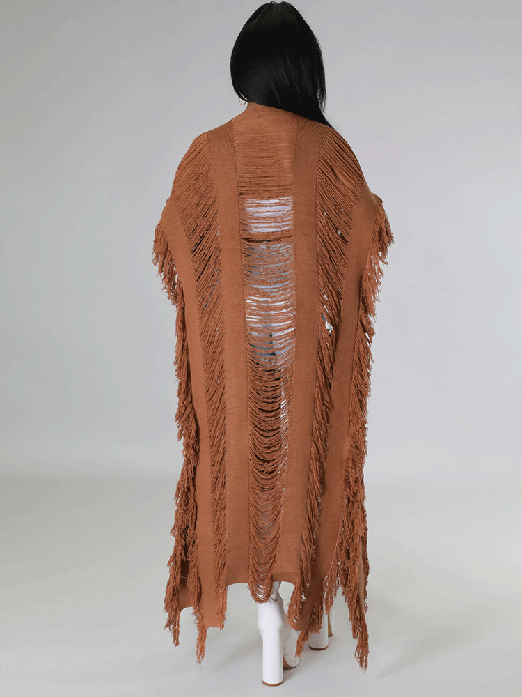 Knitted Tassels Ripped Long Cardigan