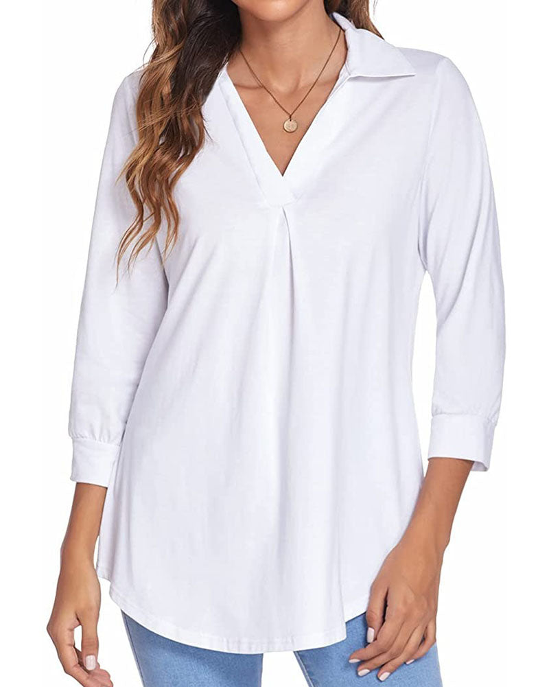 V-neck Top Solid Color Loose-Fitting Large Size Shirt