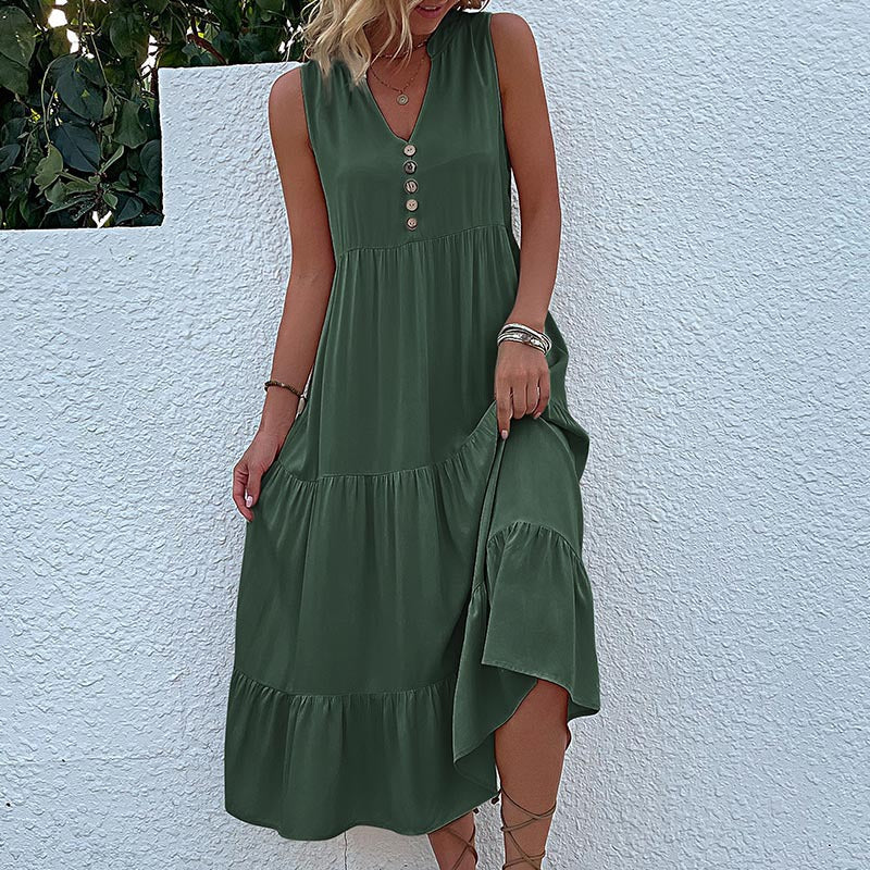 Women's Sleeveless Draped Dress Loose V-neck Mid-Length Dress