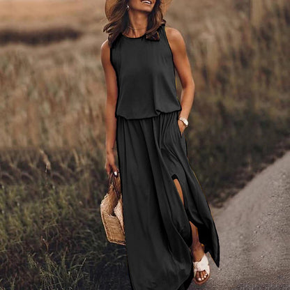 Summer New round Neck Sleeveless Split Dress