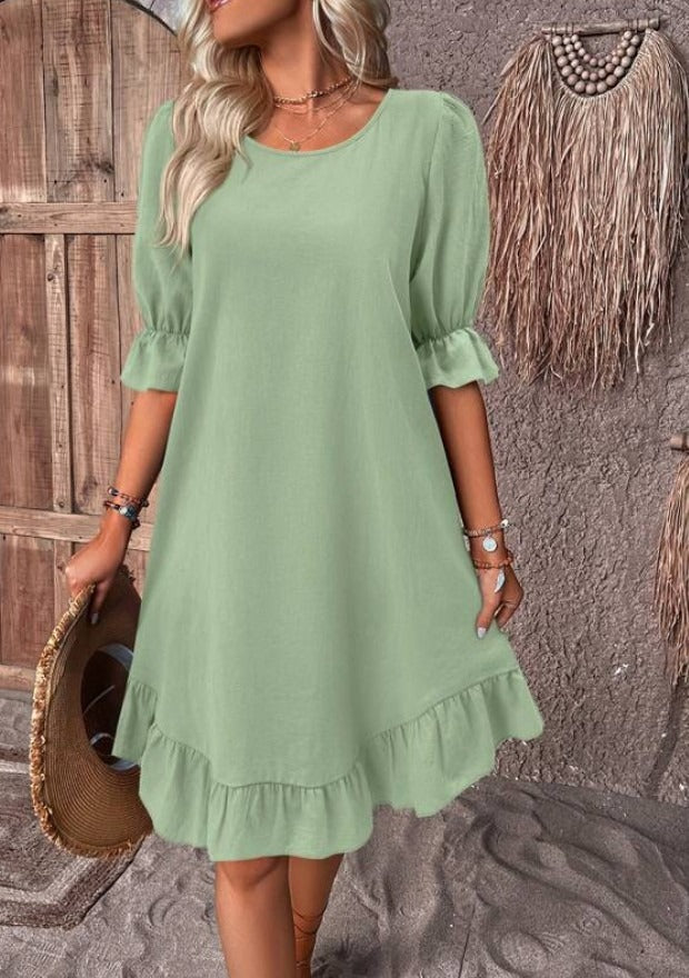 Solid Puff Sleeve Ruffle Hem Smock Dress