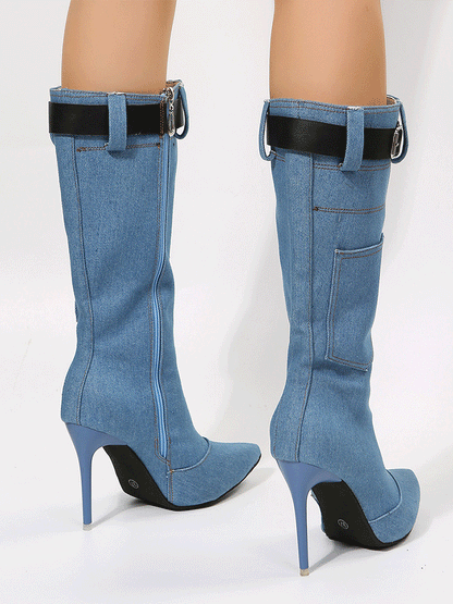 Buckle Band High Heel Denim Boots