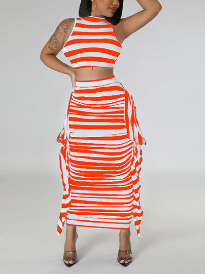 Striped Crop Top Maxi Skirt Set