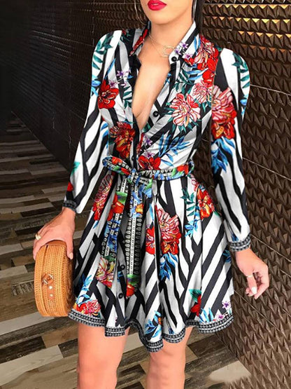 Printed V Neck Belt Dress