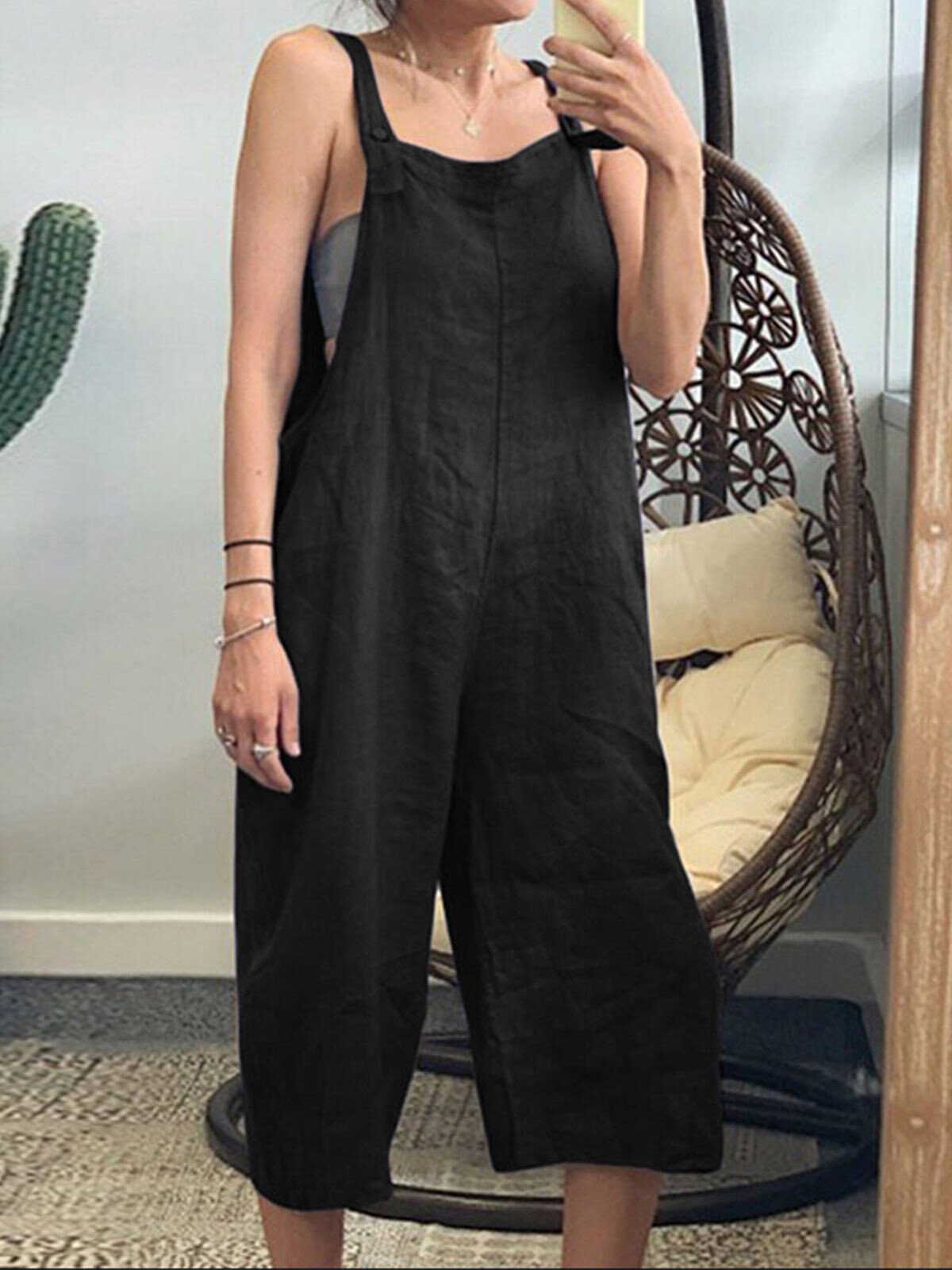 Women's Pure Color Cropped Wide Leg Overalls