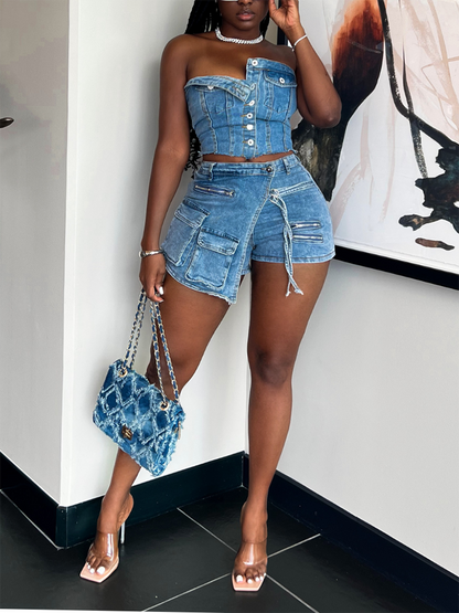 Denim Tube Top Cargo Skort Set