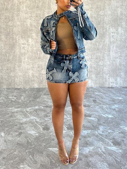 Cross Denim Jacket Skirt Set