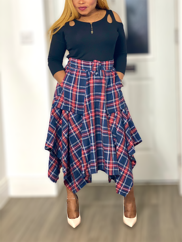 Asymmetric Plaid Midi Skirt