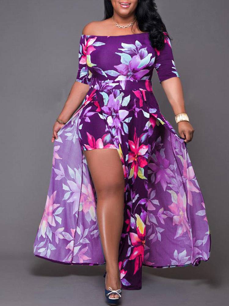 Women's Floral Print Cold Shoulder Slit Dress