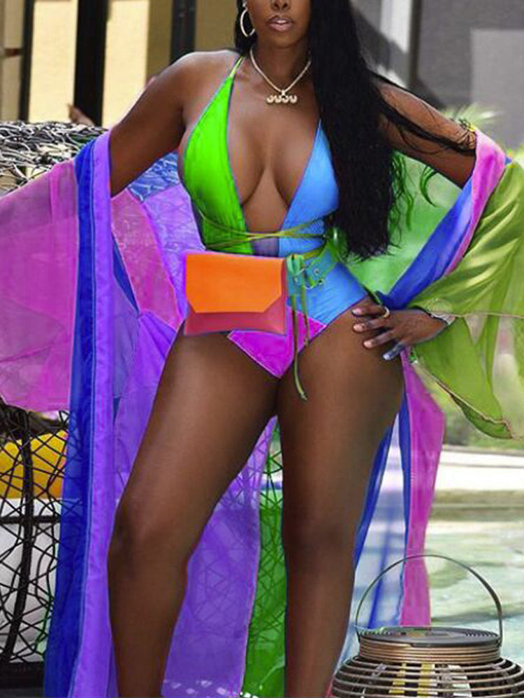 Rainbow Colorblock Swimsuit & Cover Up
