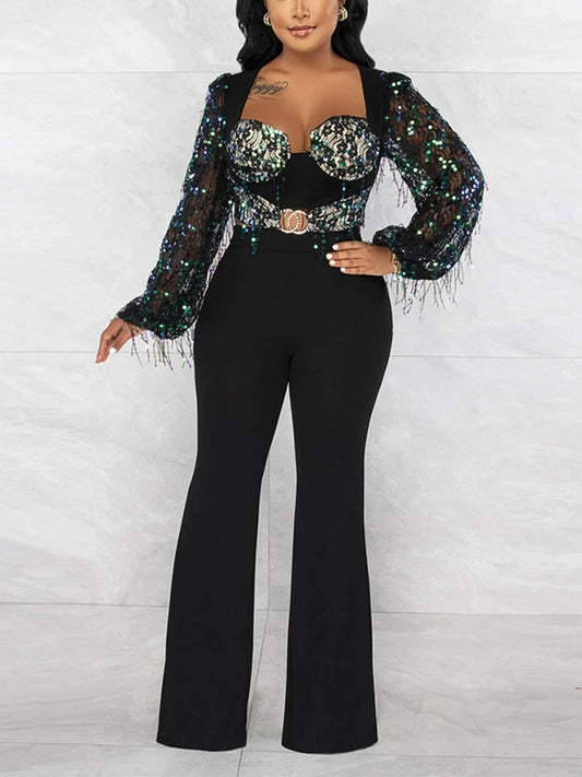 Women's Lace Iridescent Sequins Fringe Jumpsuit