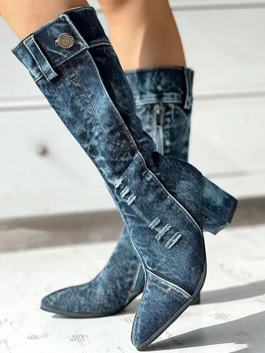 Chunky Heel Denim Boots