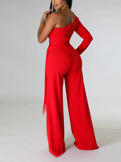 Women's One shoulder Feather Decor Jumpsuit