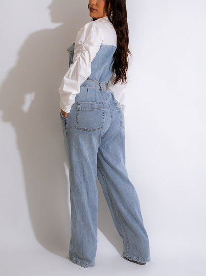 Shirt Denim Splice Jumpsuit