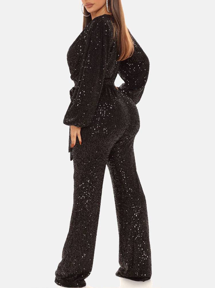 Women's Sequin Long Sleeve V Neck Jumpsuit