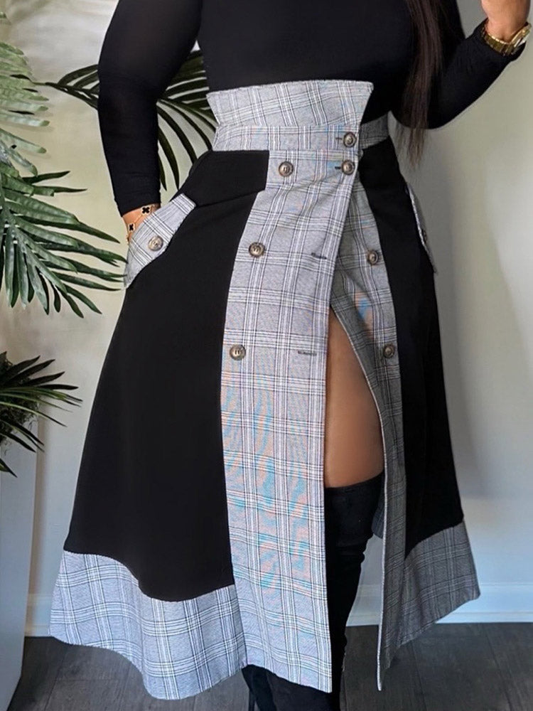 High Neck Top and Plaid Skirt Set