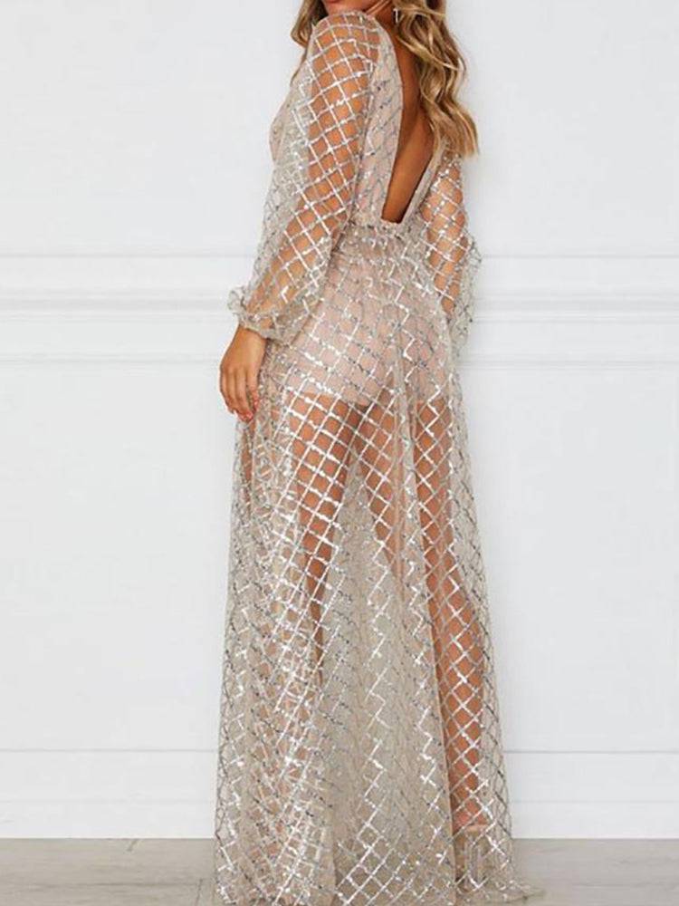 Women's Sequin Mesh V Neck Maxi Dress