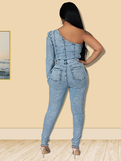 One Shoulder Denim Jumpsuit