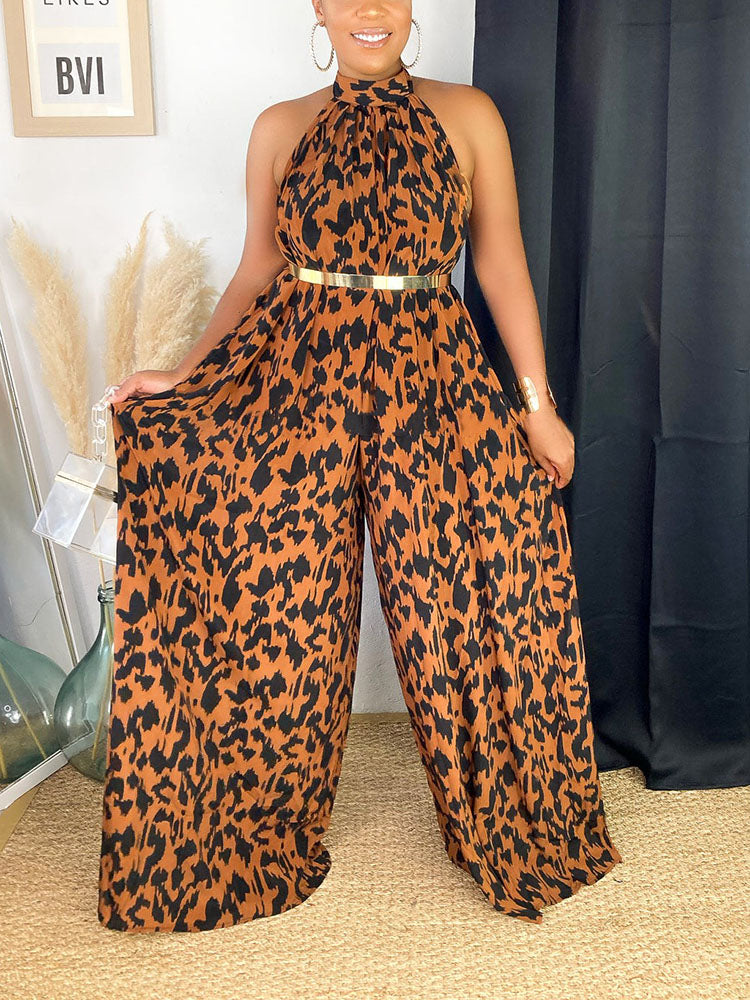 Leopard Halter Backless Jumpsuit