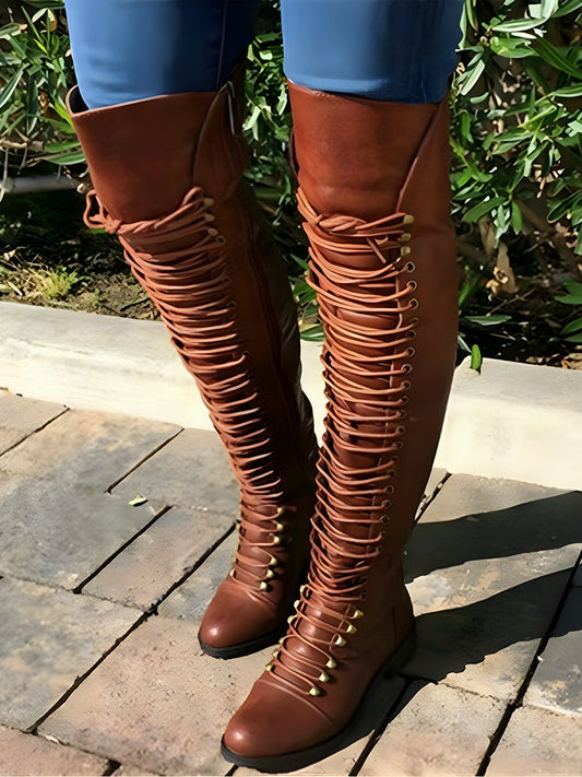 Lace Up Leather Over The Knee Boots