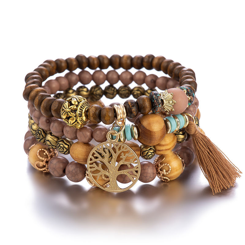 Multi-Layer Wooden Bead Beaded Bracelet Elastic Bracelet