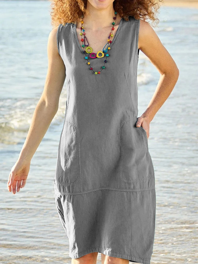 Comfy U Neck Sleeveless Pocket Midi Dress