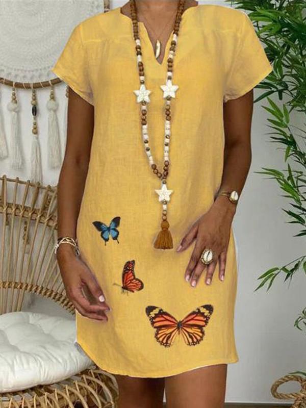 V-neck cotton and butterfly print dress