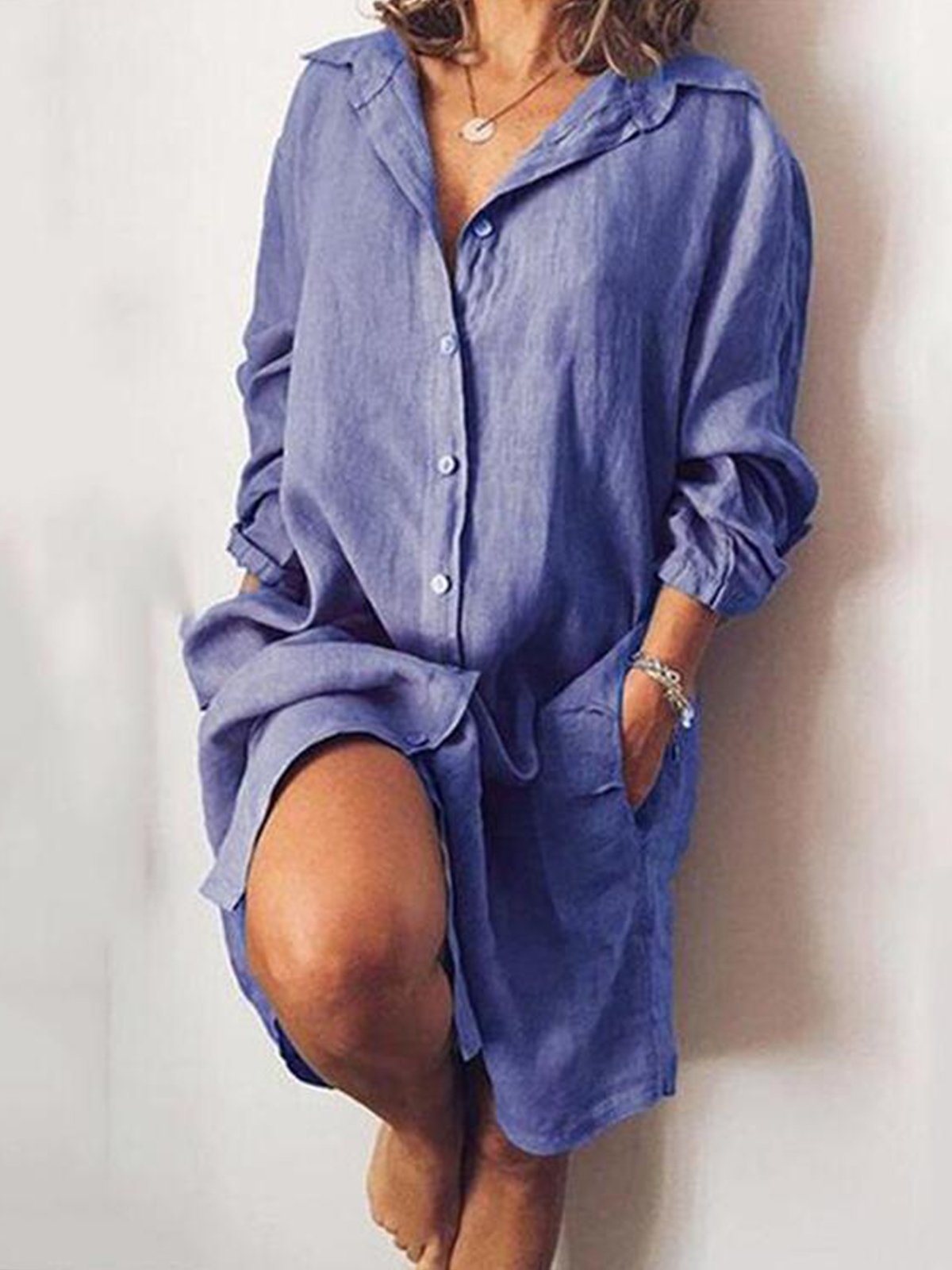 Women's Casual Pure Color Cotton Shirt Dress