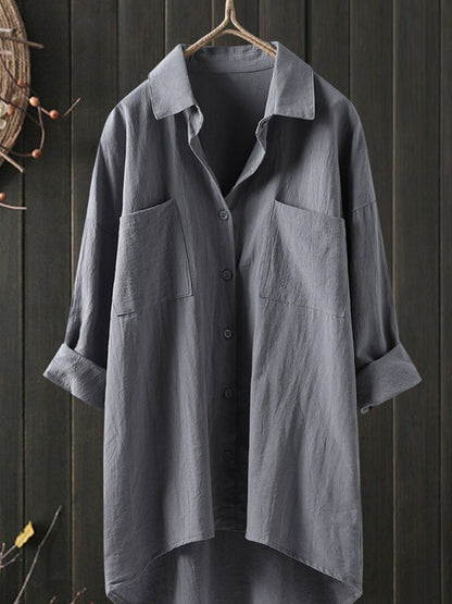 Temperament solid color cotton and linen shirt loose shirt top