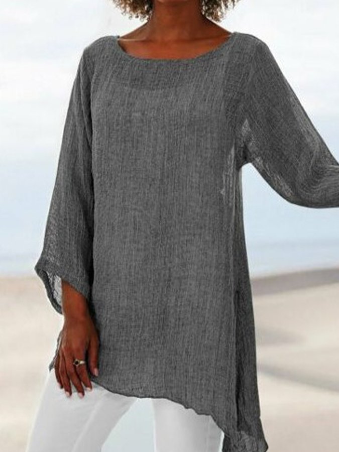 Women's Cotton Linen Fashion Simple Solid Color Irregular Hem Round Neck Long Sleeve Top