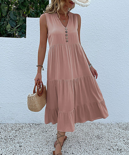 Women's Sleeveless Draped Dress Loose V-neck Mid-Length Dress