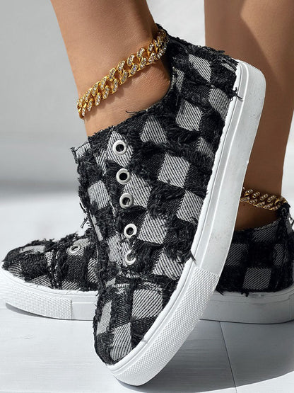 Checkerboard Raw Trim Denim Sneakers