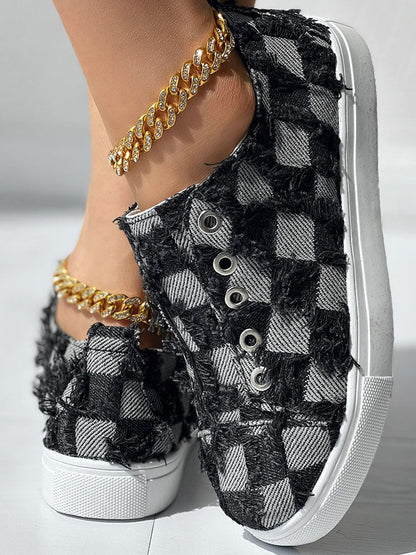 Checkerboard Raw Trim Denim Sneakers