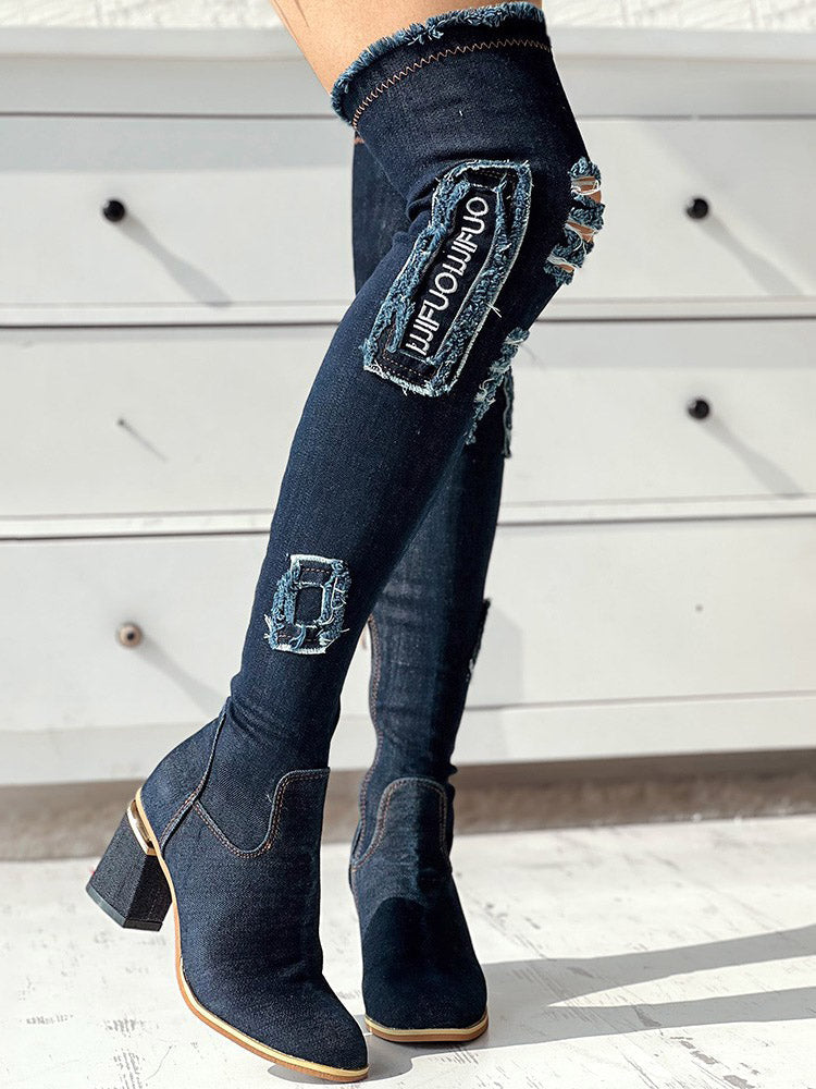 Ripped Over The Knee Denim Boots