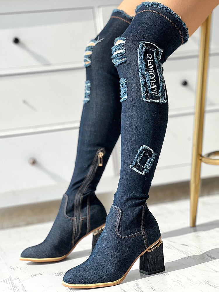 Ripped Over The Knee Denim Boots