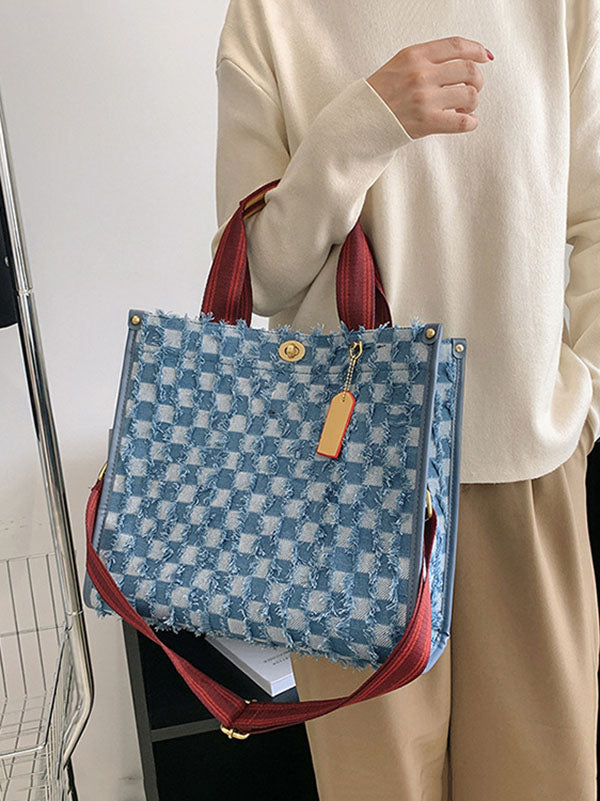 Women's Denim Checkerboard Tote Bag