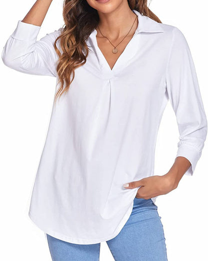 V-neck Top Solid Color Loose-Fitting Large Size Shirt