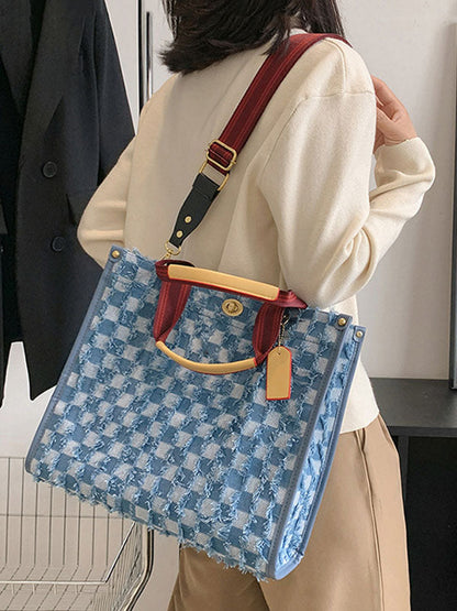 Women's Denim Checkerboard Tote Bag