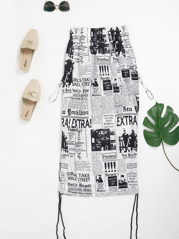 Newspaper Letter Print Drawstring Skirt
