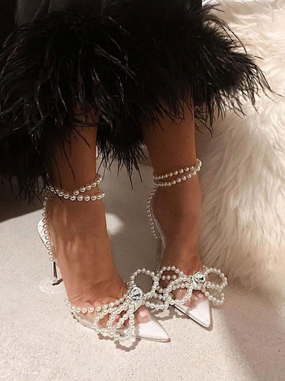 Pearl Bow Pointed Toe Heel Sandals