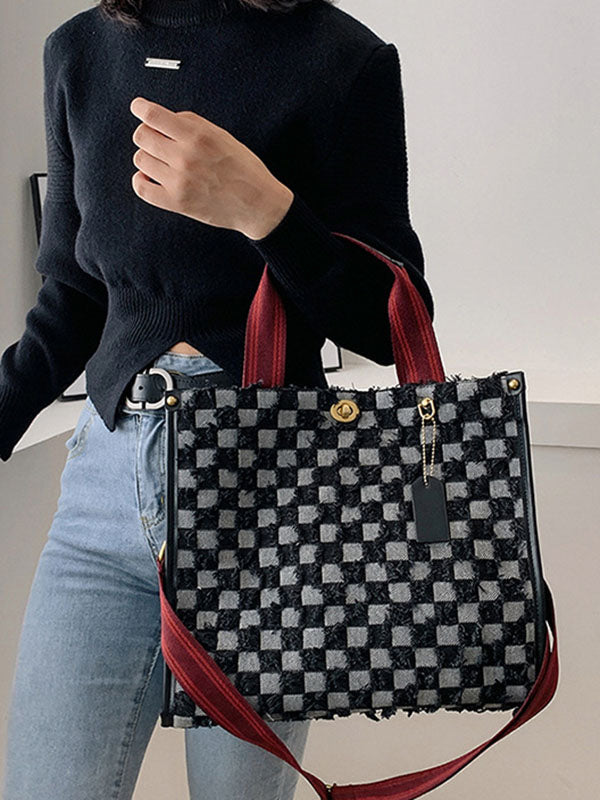 Women's Denim Checkerboard Tote Bag