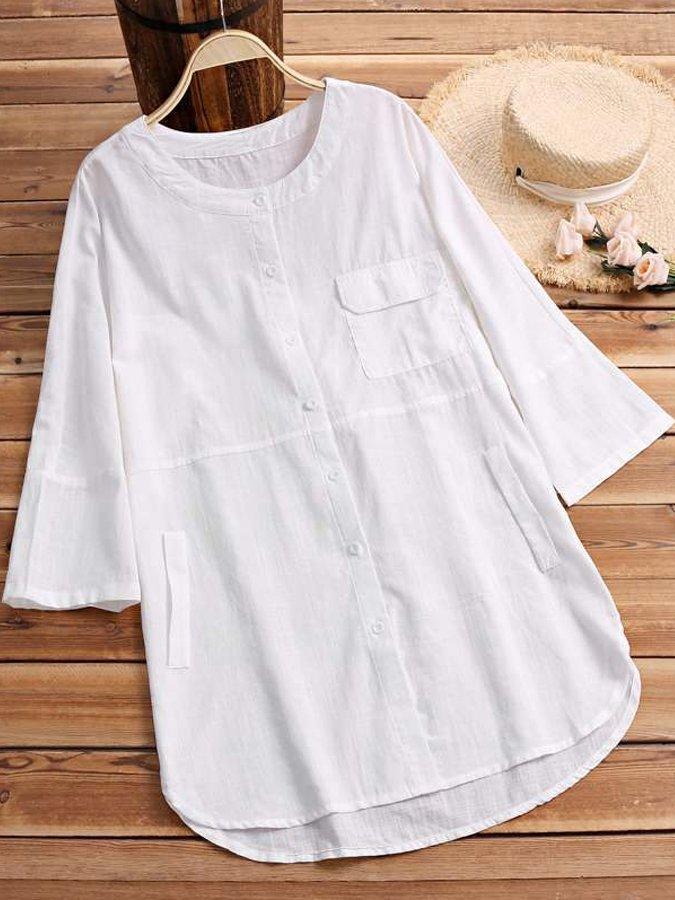 Women's Casual Pure Color Literary Cotton&Linen Shirt