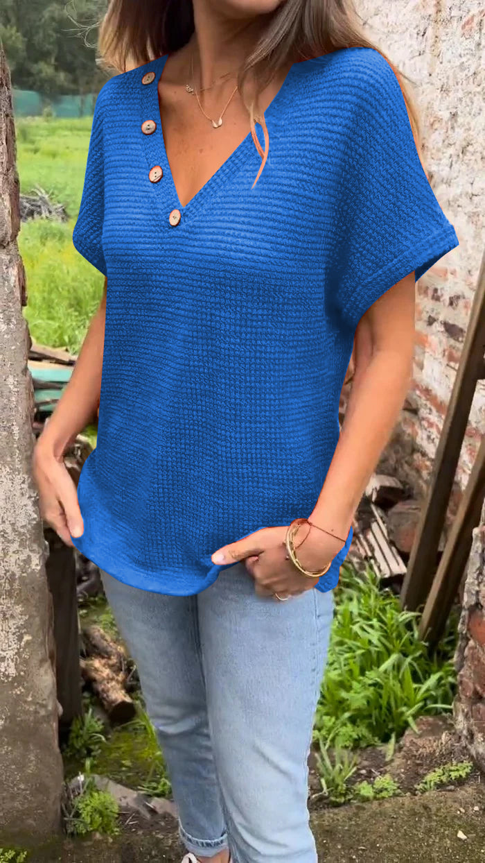 Women's Knitted Cotton and Linen V-neck Top