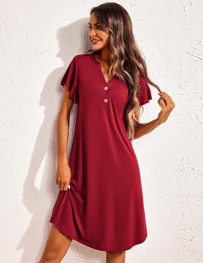 Women's Nightgown Short Sleeve Sleepshirt V-Neck Sleepwear Soft Nightshirt Pajama Dress