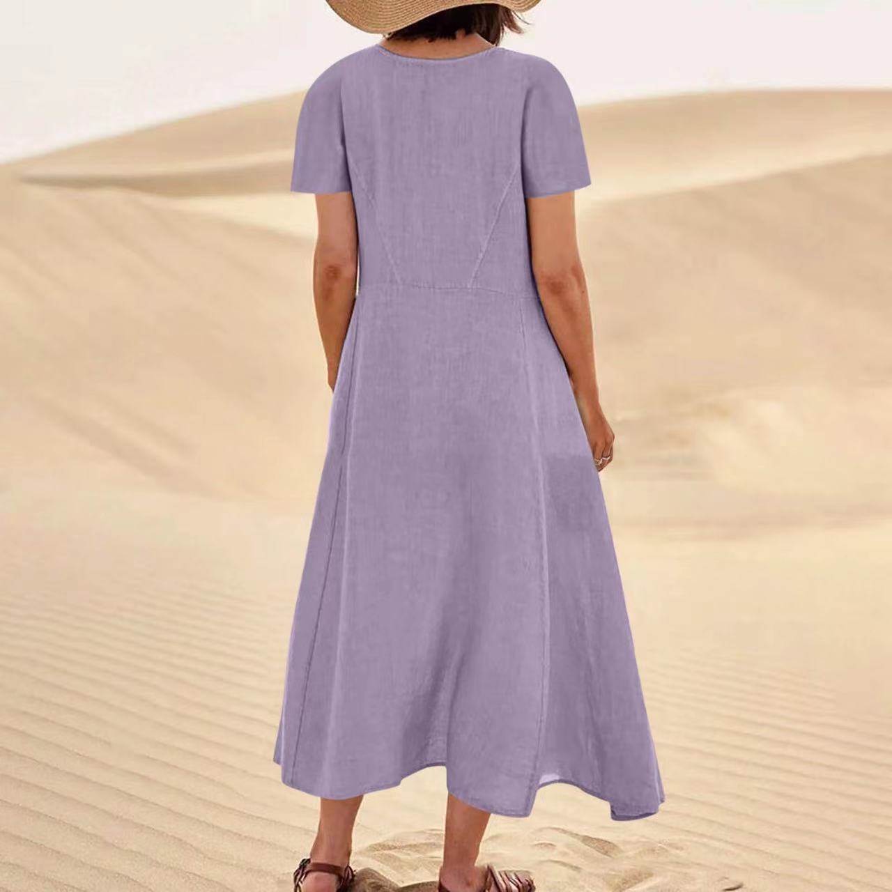 Solid Color Cotton Linen Loose Casual Pocket Dress