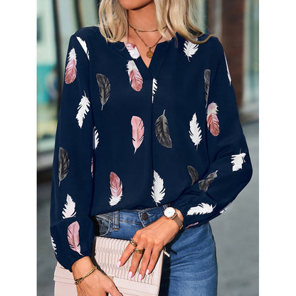 New V-neck Feather Print Long Sleeve Loose T-shirt